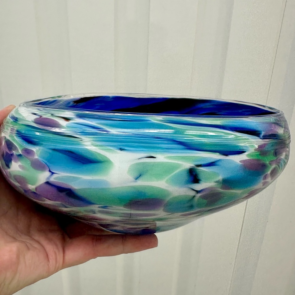 HAND BLOWN GLASS Handcrafted Multicolor Glass Bowl - Blue + Green + Purple